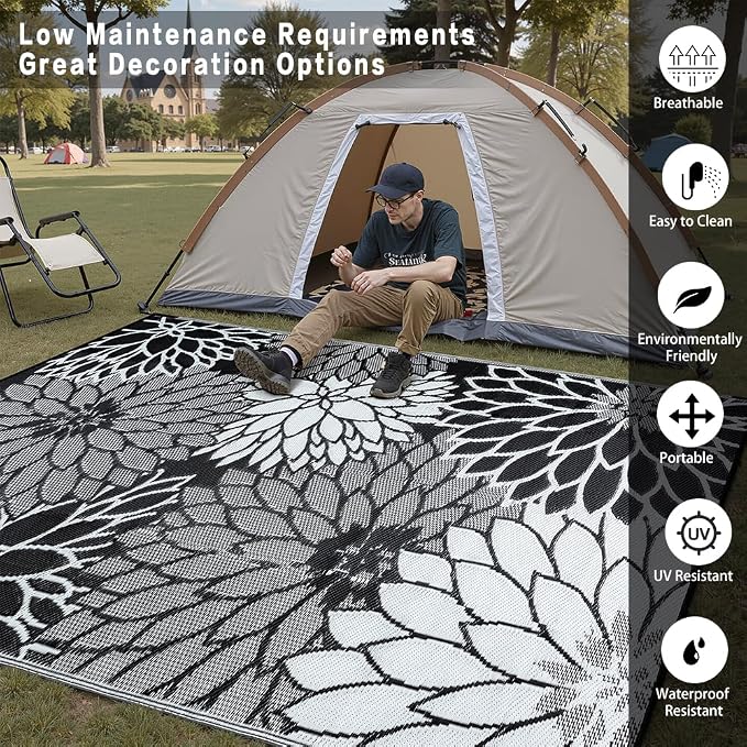 HUGEAR 6'x9' Outdoor Rug Waterproof Plastic Straw Rugs Black Reversible Floral Mat Floor Carpet for Camping RV Deck Entryance Porch Picnic Balcony Beach Backyard