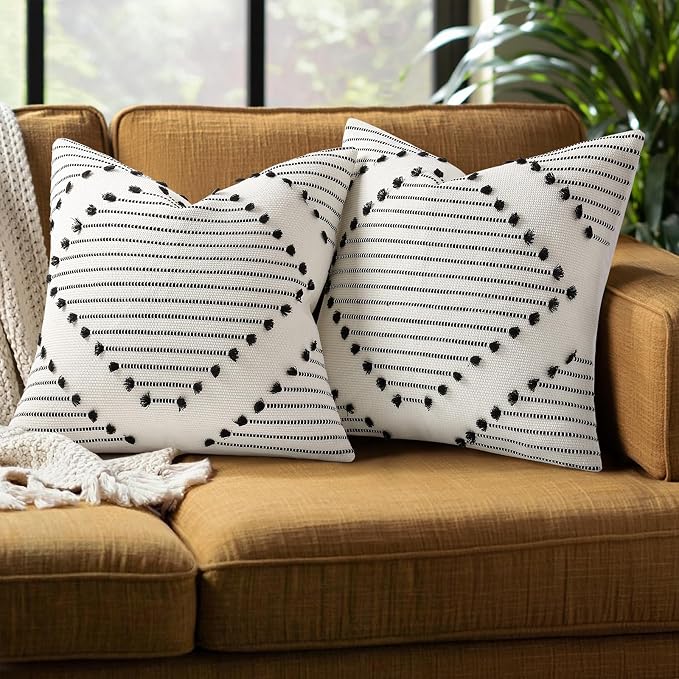 Mecatny Boho Summer Outdoor Throw Pillow Covers 16X16 Set of 2, Farmhouse Decorative Pillow Covers for Couch Sofa Living Room, Black & Cream White