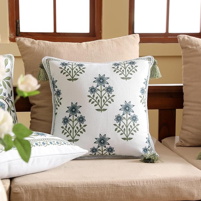 ISAENNE Designer Linen Throw Pillow Cover,Set of 2,18"x18"-Mosella B | Vintage Elegant Square Decor Pillow Cover,Concealed Zipper Design,Floral Pattern,Sofa,Bedroom,Living Room,Lounge Chairs