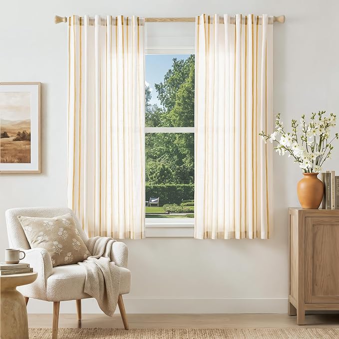 Vangao Striped Curtains Yellow on White Semi Sheer Curtains 63 Inches Long for Bedroom Living Room Modern Farmhouse Linen Textured Light Filtering Drapes 2 Panels Mustard Yellow W50 x L63 Inch