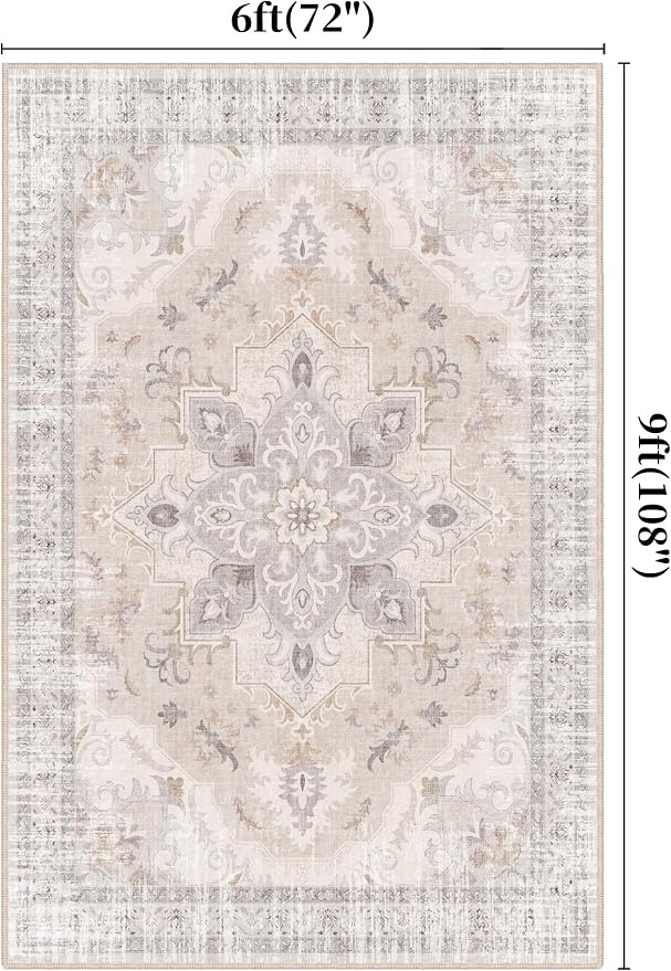 6x9 Bedroom Rug, 6x9 Area Rugs, Soft Non-Slip Vintage Medallion Rugs, Low-Pile Printed Washable Rug Carpet for Living Room, Bedroom, Kids Room, Nursery -Light Blush & Cream | 6x9 Bedroom Rug, Soft Low-Pile Printed Washable Rug Carpet for Living Room, B...