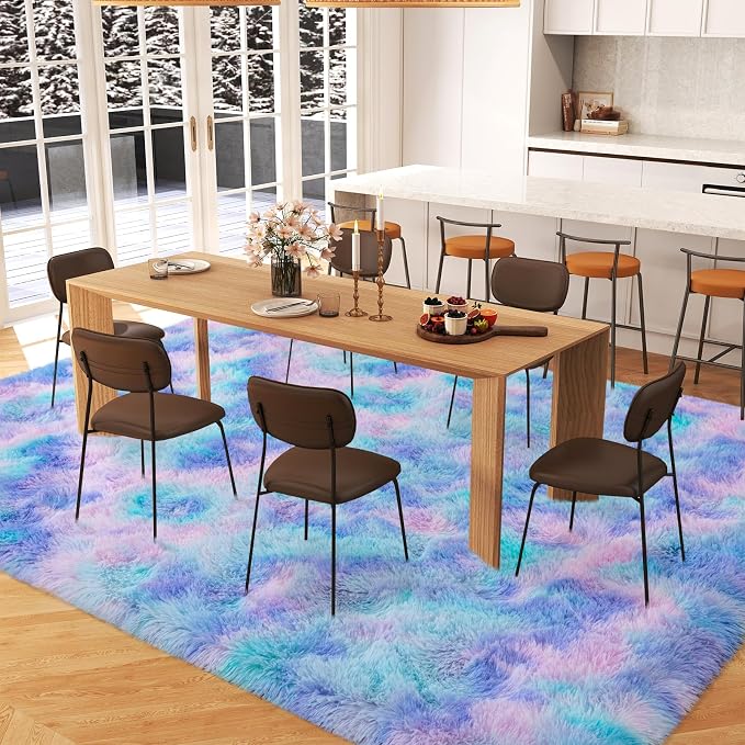 Dssimo Cute Furry Purple Rainbow Rugs for Bedroom Girls Room Decor | Upgrade Non-Slip Large 9x12 Area Rugs for Kid Room, Playroom Nursery Dorm Home Decor, Plush Mermaid Kawaii Rug Fluffy Carpet