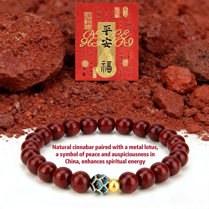 LINGYUAN Feng Shui Wealth and Luck Bracelet with Gold Foil Five Gods Amulet-Red Agate Cinnabar Gemstone Bracelet for Prosperity, Protection & Success, Lucky Charm Gift for Men & Women