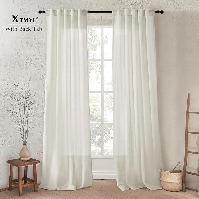 XTMYI 86 Inch Linen Curtains, Semi Sheer Light Filtering Boho Back Tab Pleated Rod Pocket Drapes for Living Room Bedroom, 40 x 86 inches Long 2 Panels Set, Cream Ivory