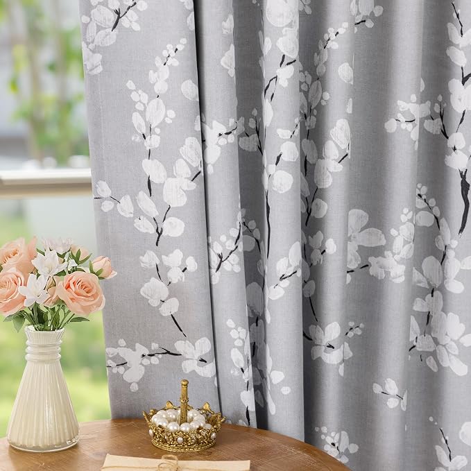 FMFUNCTEX 100% Blackout Grey Floral Curtains 84 Inch Rod Pocket 2 Panels | Black Out Drapes, Thermal Insulated Cottage Farmhouse, Blossom Flower Patterned Curtain for Bedroom, Living Room Darkening