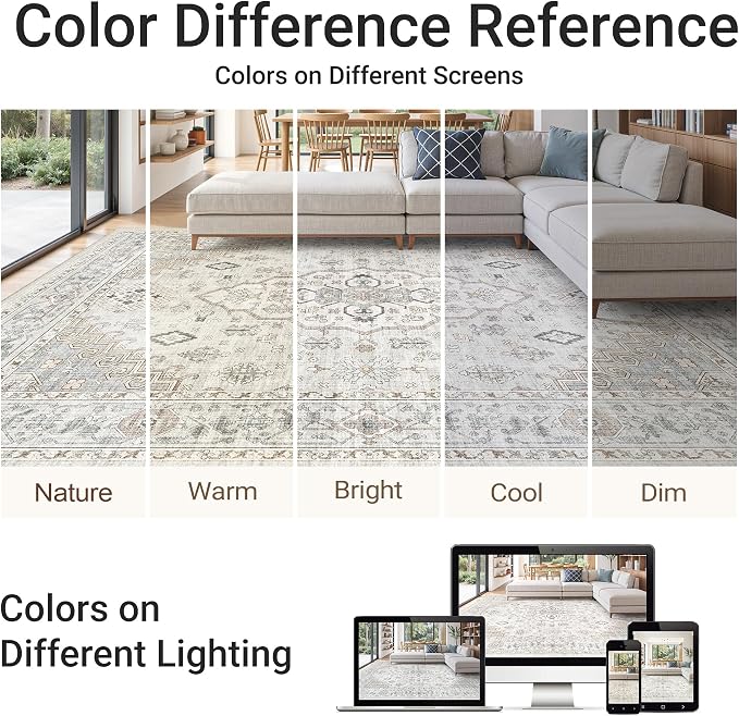 befbee 5x7 Area Rugs for Living Rooms, Stain Resistant Neutral Washable Rugs for Dining Rooms, Floral Vintage Non-Slip Thin Large Size Area Rug(Light Grey)