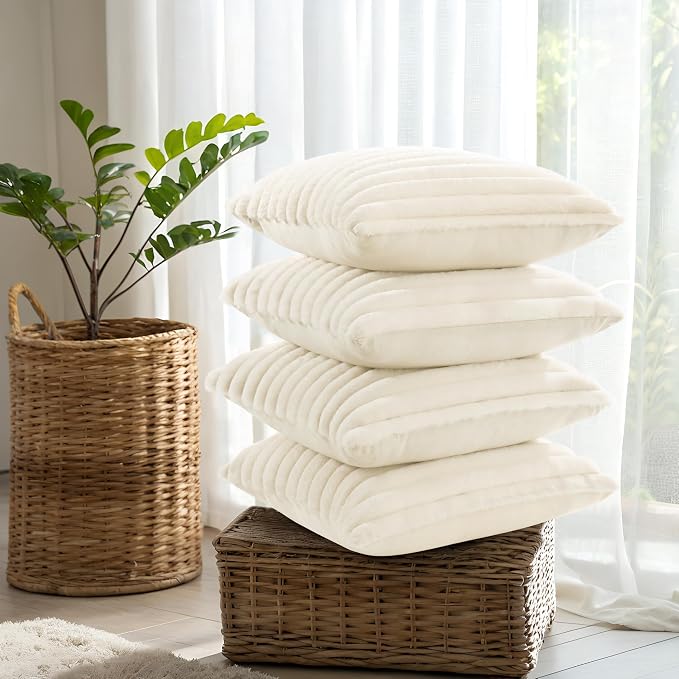 decorUhome Fall Faux Fur Throw Pillow Covers 18x18 Set of 4 Cream White | Decorative Modern Farmhouse Soft Cozy Striped Pillow Cases Velvet Back for Sofa Bed Living Room Classic Accent Home Decor
