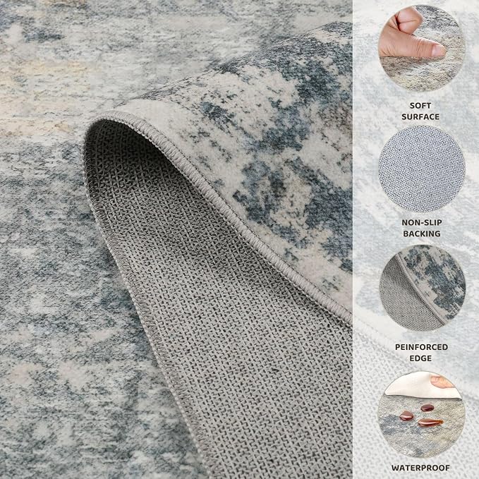UERMEI 4x6 Area Rug Living Room Rugs - Washable Neutral Modern Abstract Soft Thin Rug Indoor Floor No Slip Rug Carpet for Bedroom Under Dining Table Home Office Decor - Blue Grey