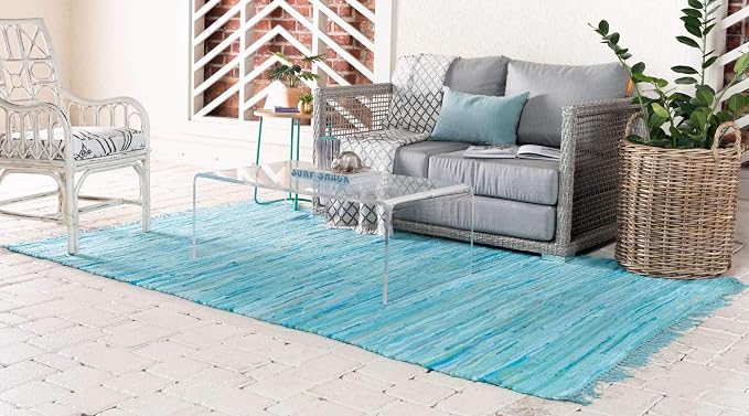 Unique Loom Chindi Cotton Collection Soft Hand Woven Natural Fiber Striped Area Rug, 2 ft 2 in x 3 ft, Turquoise/Ivory