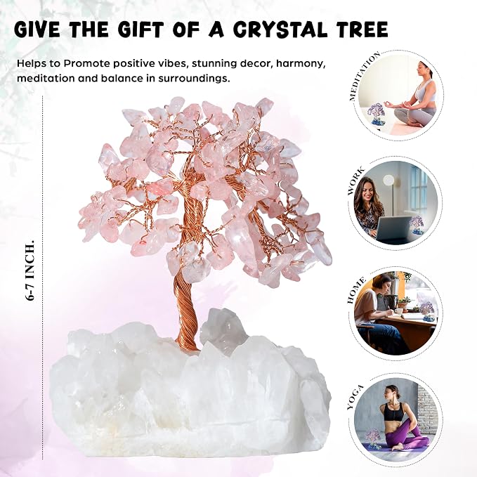 Crocon Rose Quartz Crystal Tree with White Aura Base Tree of Life Decor for Shelf, Bedroom, Birthday Gifts for Women, Sister Gift, Birthday Gifts for Mom, Cute Home Office Decor Housewarming Present