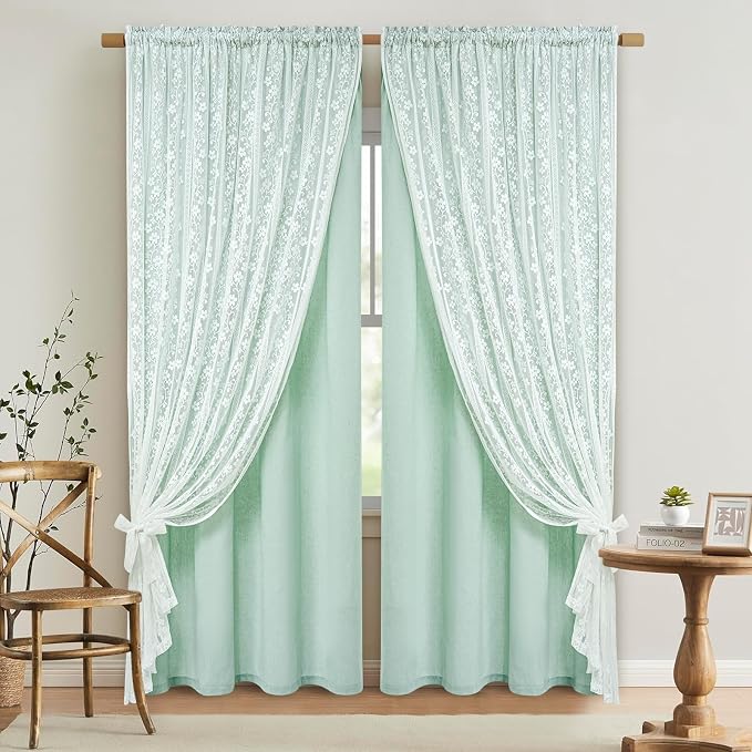 ASPMIZ Linen Curtains for Bedroom Double Layer Curtain 63 Inch Length 2 Panels, Farmhouse Rod Pocket Drapes with Tiebacks, Light Filtering Window Treatment for Living Room, 52 x 63 Inch, Mint Green