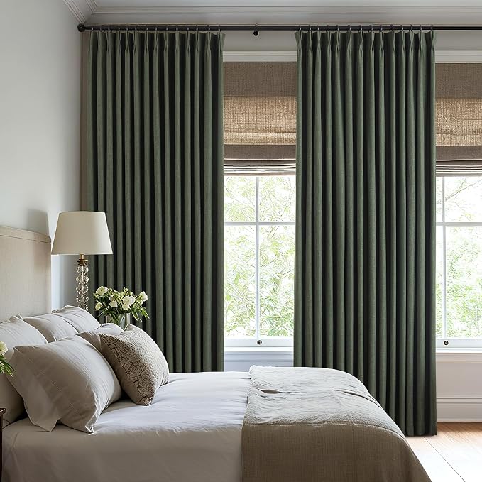 Pinch Pleated Curtains 100% Blackout Linen Curtains 108 Inches Long for Bedroom Living Room, Olive Green Memory Trained Thermal Insulated Room Darkening Window Drapes with Hooks 2 Panels 40"Wx108"L