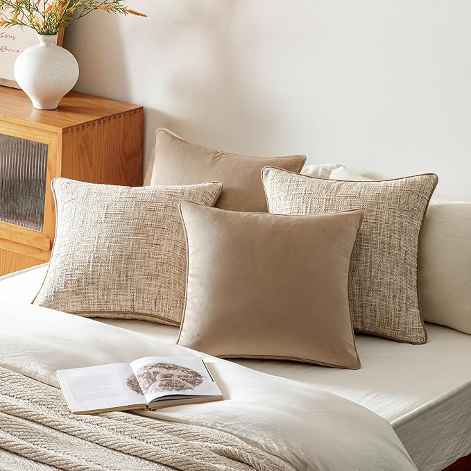 a moment Khaki 4 Pack Throw Pillow Covers - Chenille & Velvet Set with Piping, Farmhouse Textured Design Pillow Cases for Couch Sofa Bed Livingroom (22x22 Inch, No Insert)