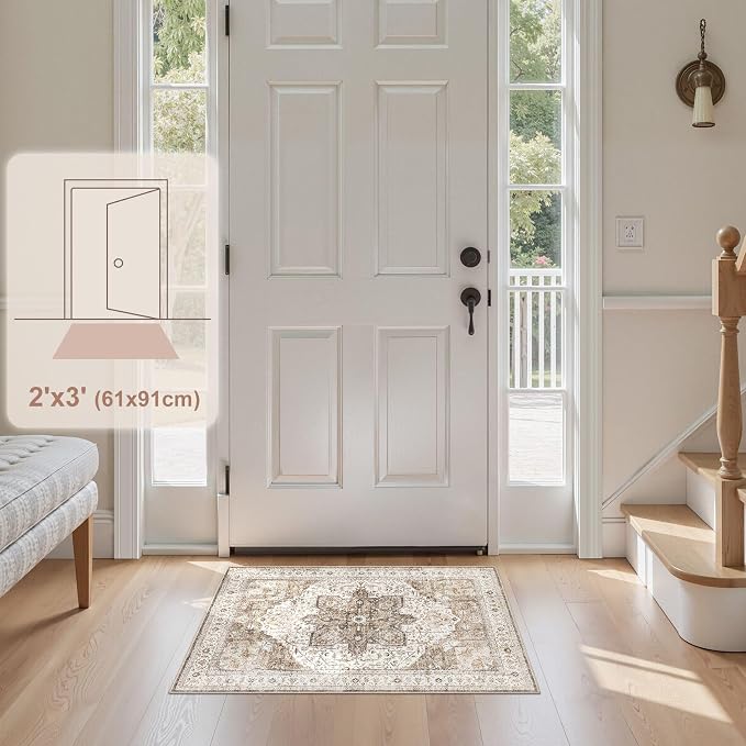 Tortania Area Rug 2x3 Doormat - Washable Vintage Oriental Farmhouse Soft Thin Indoor Carpet for Living Room Bedroom Hallway Entryway Kitchen - Brown