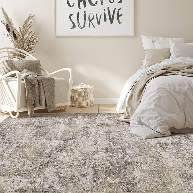 Nakagishi 5x7 Area Rugs Living Room: Washable Abstract Large Neutral Soft Rug Stain Resistant Modern Indoor Floor Non-Slip Carpet for Bedroom Nursery Kids Playroom Office Dining Room Dorm- Brown Grey