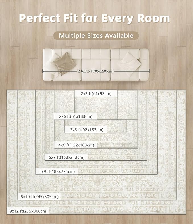 Aoyaomi Vintage Living Room Area Rug - 5x7 Large Machine Washable Boho Area Rug Distressed Floral Rugs for Bedroom, Soft Non-Slip Indoor Floor Accent Rugs for Office Dining Room (Cream Beige, 5'x7')