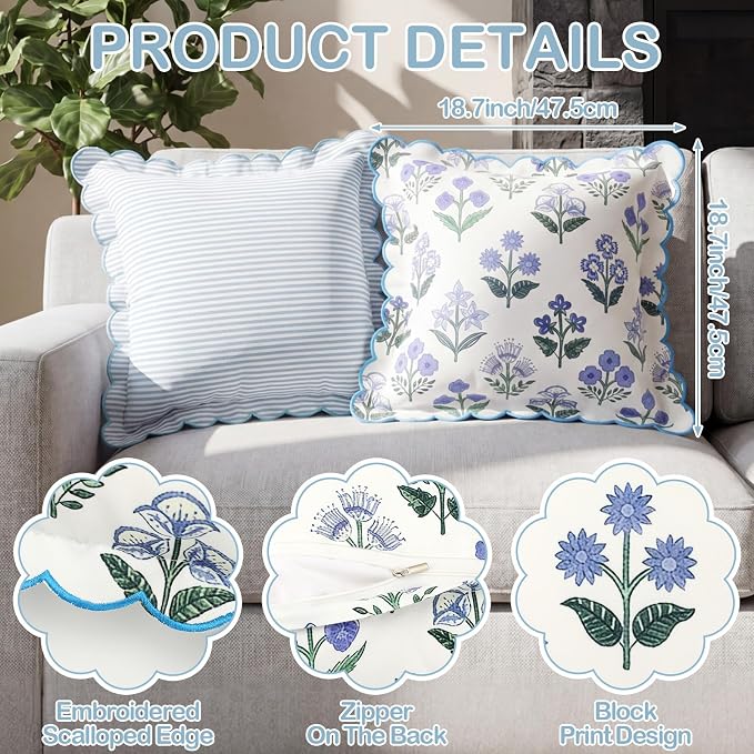 Breling Set of 4 Blue Green Scalloped Block Print Pillow Covers Blue Stripped Coastal Pillow Cover 18 x 18 Inch Vintage Floral Throw Cushion Cover for Summer Gift Couch Patio Bedroom Living Room Home