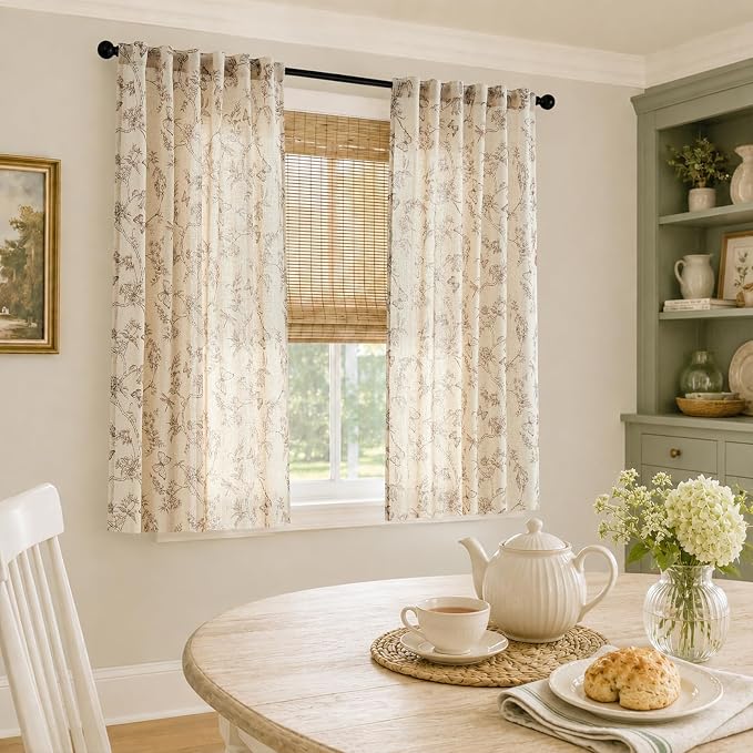 Lazzzy Charlotte Linen Cottage Core Curtains Taupe Floral Curtains 63 Inch Length Back Tab Drapes for Living Room Bedroom Light Filtering Country Vintage Rod Pocket Curtain, 2 Panels, Taupe on Beige