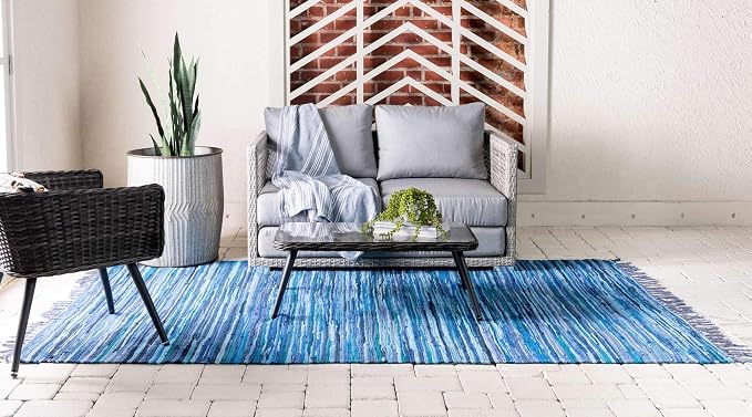 Unique Loom Chindi Cotton Collection Soft Hand Woven Natural Fiber Striped Area Rug, 8 ft x 10 ft, Navy Blue/Ivory