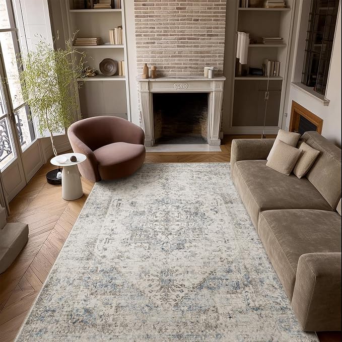 Machine Washable Rugs for Living Room: 5x7 Area Rugs for Bedroom Ultra Soft Non-Slip Low Pile Vintage Distress Boho Large Carpet for High-Traffic Dining Room - Farmhouse Decor