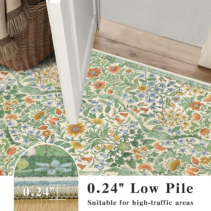 9x12 Grass Green Vintage Floral Area Rug,Washable Large Boho Living Room Rugs,Botanical Print Non-Slip Stain Resistant Lightweight Carpet for Bedroom Dining Room Nursery