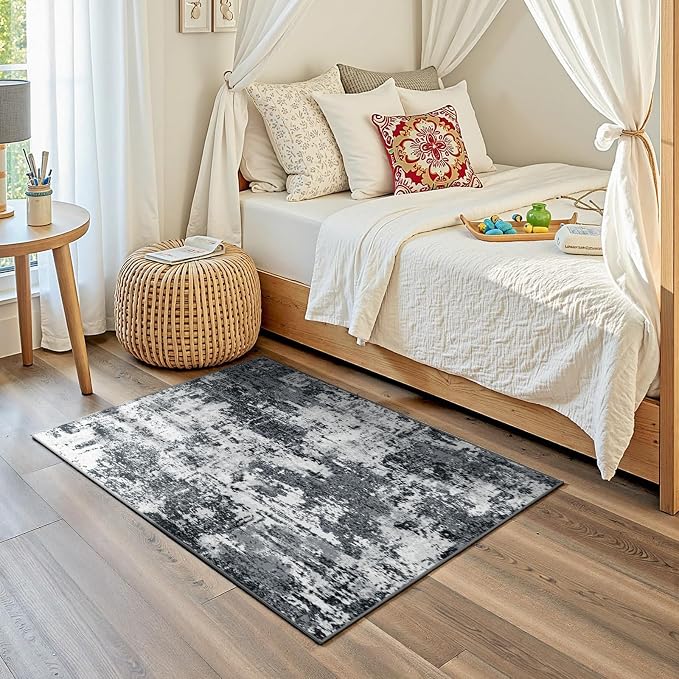 RELEANY Washable Area Rugs 3'x5' Non-Slip Modern Abstract Soft for Living Room Entryway Bedroom Kitchen, Print Pattern, Black Navy Blue Gray