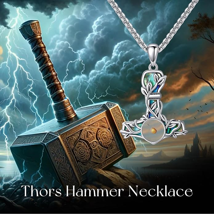 Thors Hammer Necklace Sterling Silver Mjolnir Mustard seeds Pendant Vegvisir Viking Jewelry for Women Men