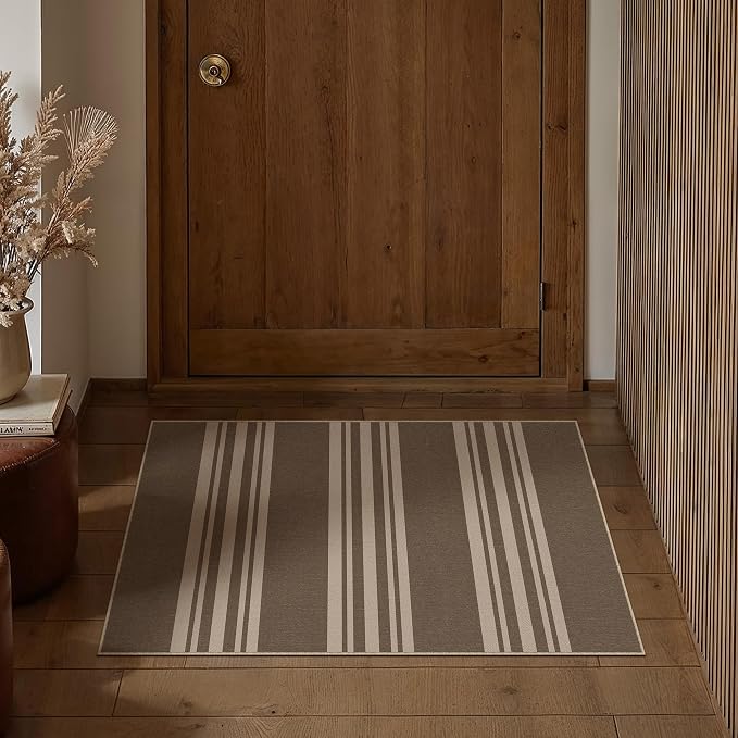 PureCozy Outdoor Rug 2x3 Washable Striped Jute Look Non Slip Mat | Brown Stripe Farmhouse Design, Indoor Outdoor Entryway Door Mat for Kitchen, Mudroom and Bathroom, Non Shedding, Easy Care