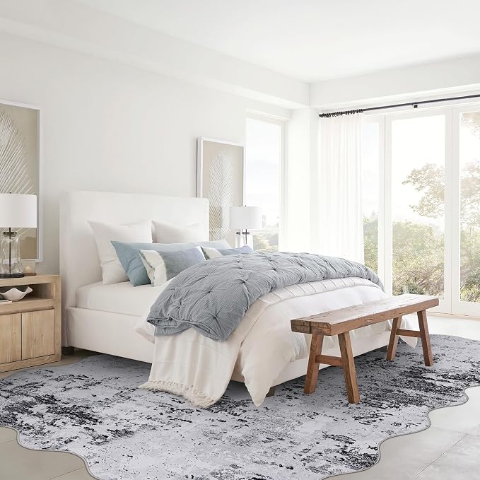 ROYHOME 10x13 Scalloped Modern Abstract Faux Wool Rug for Living Room Low Pile Ultra Soft Stain Resistant Non Slip Non Shedding Throw Rug for Bedroom Home Decor, Grey