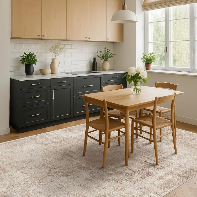 Hazo Haus Neutral Farmhouse Area Rug for Bedroom - 6x8 Washable Rug for Dining Room Table, Ultra-Thin Soft Textured Boho Indoor Decor, Fade & Stain Resistant