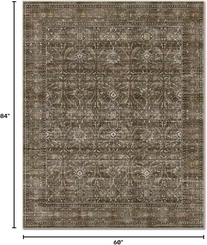 Boho Washable 5x7 Area Rugs for Living Room, Cushioned, Red/Brown | Vintage Non-slip Rugs for Bedroom Dining Room Nursery Office, 0.3" Neutral Oriental Throw Thin Carpet, Dark Brown/ Rust