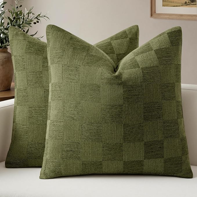 A moment Set of 2 Decorative Linen Throw Pillow Covers,Large Grid Textured Neutral Boho Farmhouse Cushion Covers,Soft Aesthetic Pillowcases for Couch Sofa Living Room Home Decor,18x18 Inch,Olive Green