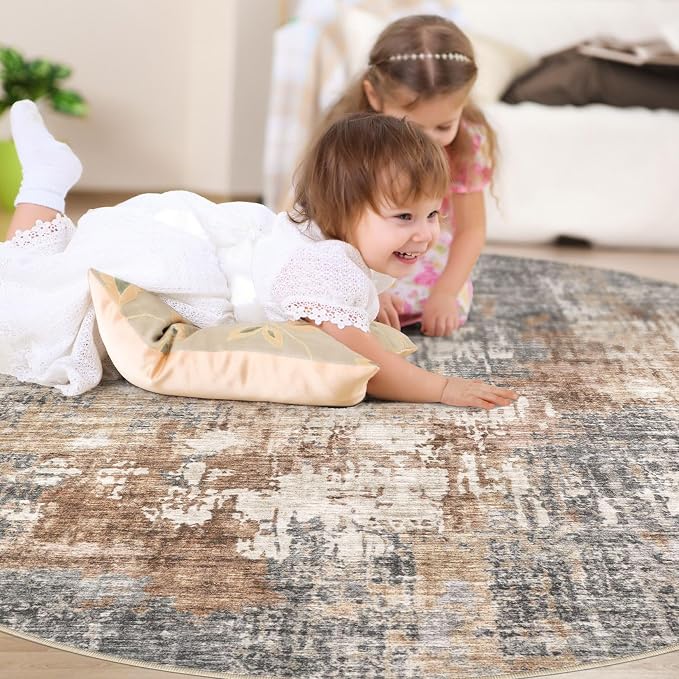 DMOYEST 8ft Round Area Rug Living Room Rugs - 8x8 Washable Large Soft Indoor Neutral Modern Abstract Low Pile Rug Carpet for Bedroom Dining Room Farmhouse Home Office - Grey Brown