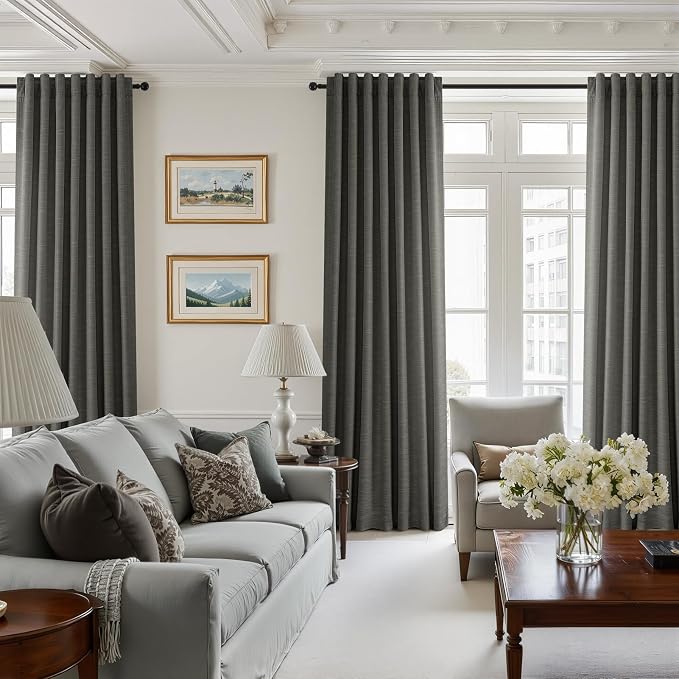 Topfinel Carbon Grey 84 Inch Total Blackout Bedroom Curtains, Farmhouse Linen Drapes with Rod Pocket & Back Tabs for Sliding Glass Doors, Classic Neutral Aesthetic Window Treatment 52" W*84" L