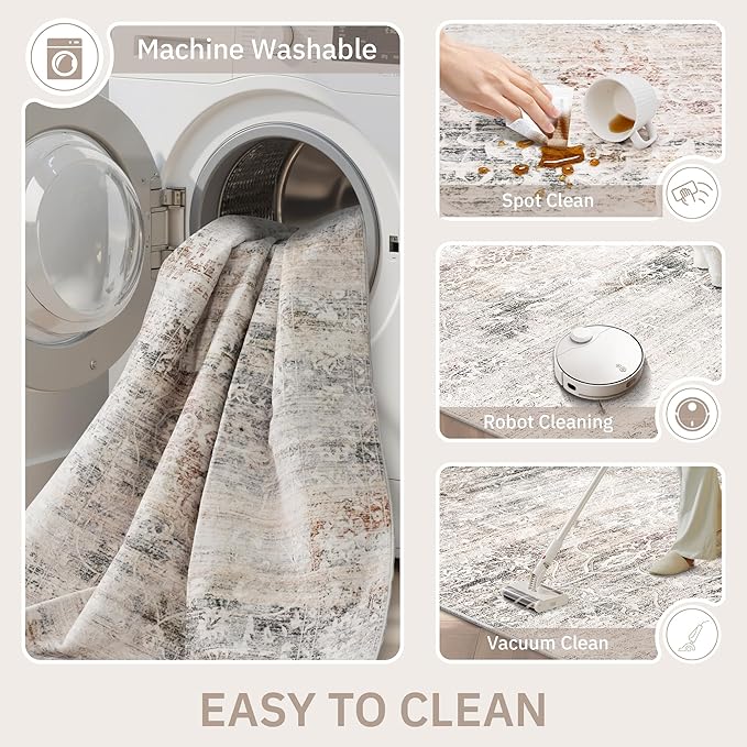 Soalmost 8x10 Area Rugs for Living Room, Washable Bedroom Soft Rug Taupe | Vintage Floral Stain Resistant Non-Slip Low Pile Throw Large Carpet for Dining Room Kitchen Home Office Nursery 8'x10'