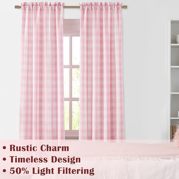 Pink White Buffalo Plaid Curtains 95 Inches Length Rod Pocket | Buffalo Check Semi Sheer Drapes,Farmhouse Window Treatment for Bedroom Living Room,Yarn Dyed Fabric,52"Wx95"L,Pack of 2