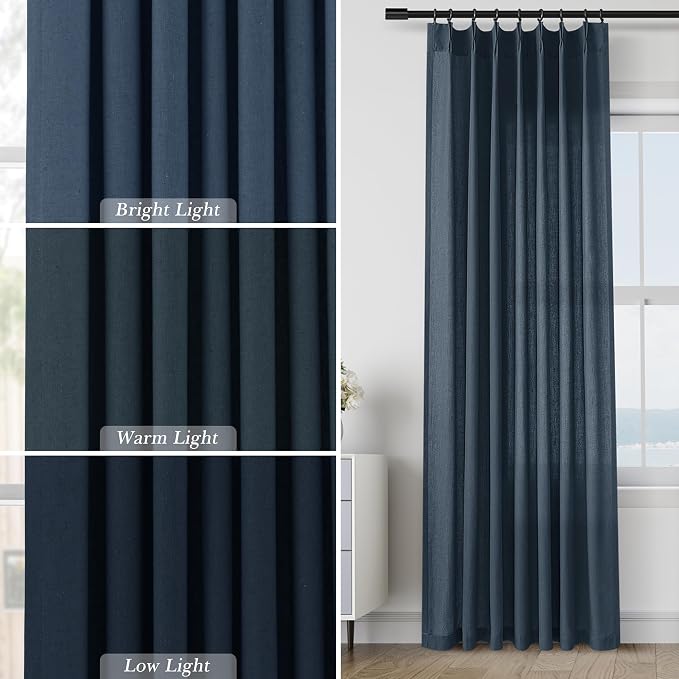 Aersas Denim Blue Pinch Pleated Linen Curtains 84 Inch Length 2 Panels for Living Room Bedroom Semi Sheer Window Curtain Boho Neutral Back Tab Pinch Pleat Drape with Hooks 40x84