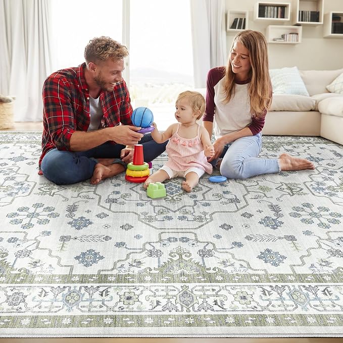 Area Rug 5x7 for Living Room - Washable Oriental Vintage Floral Distressed Large Indoor Carpets with Non Slip Back for Bedroom Dining Room Nursery Office Home Decor -Light Green