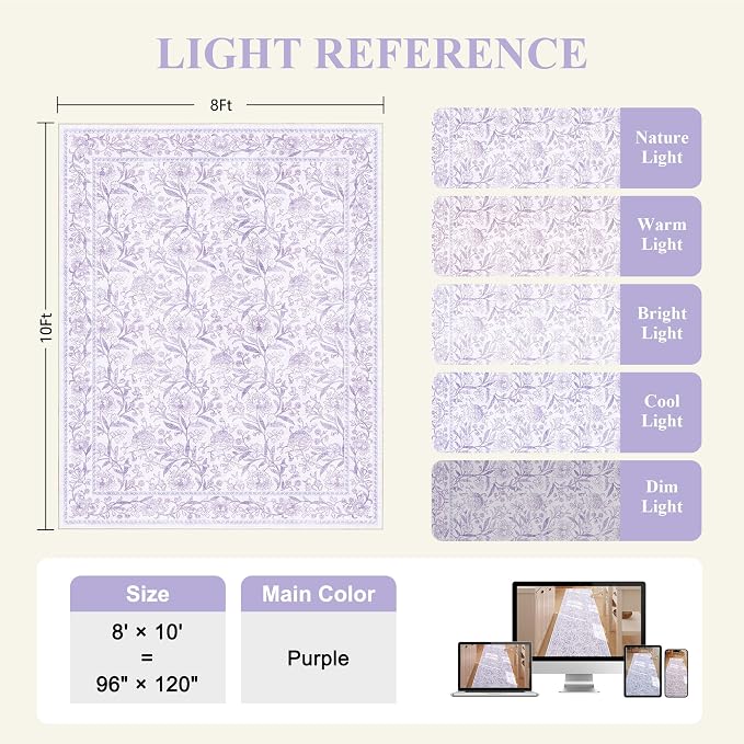 DUKINO 8x10 Area Rug, Vintage Floral Washable Rugs for Living Room, Purple | Non Slip, Low Pile, Non-Shedding, Stain Resistant Boho Soft Indoor Large Carpet for Bedroom Dining Room Farmhouse, Home Decor
