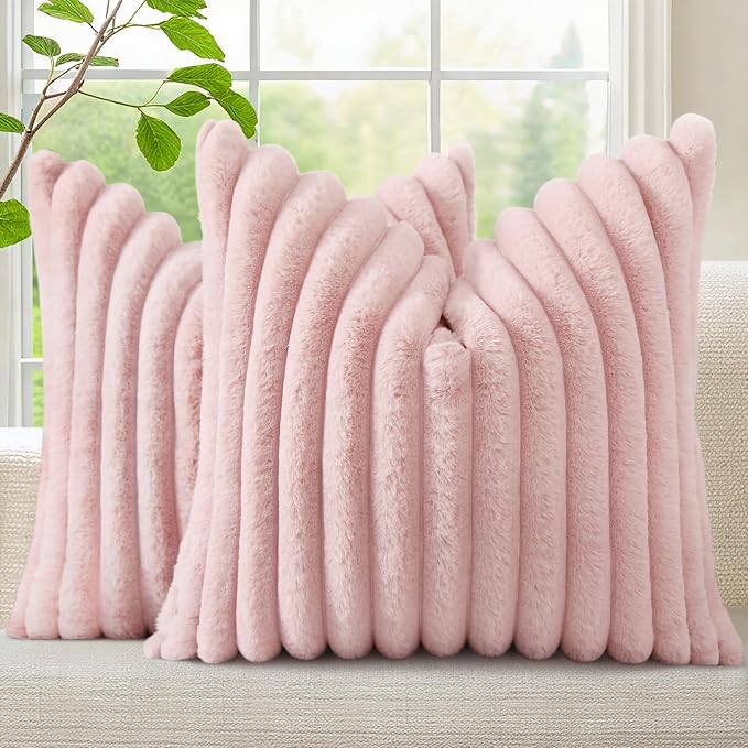 decorUhome Fall Faux Fur Throw Pillow Covers 22x22 Set of 2 Pink | Decorative Soft Cozy Striped Plush Modern Farmhouse Boho Couch Pillow Cases Velvet Back for Sofa Bed Living Room Home Decor