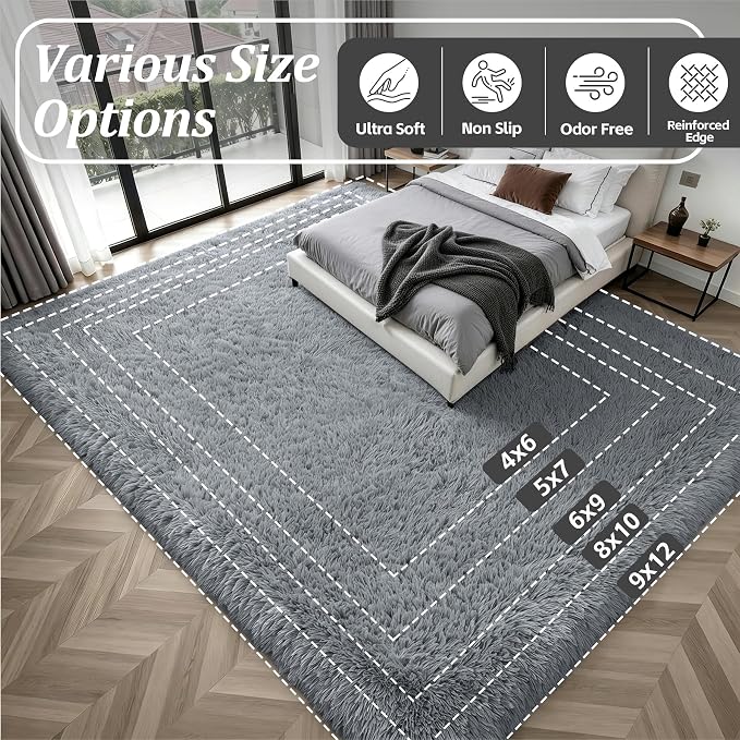 6x9 Area Rugs for Living Room Bedroom: Ultra Soft Fluffy Shag Rug Upgrade Non-Slip Non-Shedding Large Fuzzy Plush Carpet Indoor Floor Carpets for Kids Room Playroom Nursery Dorms Home Decor Light Gray