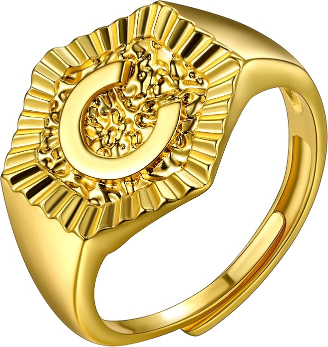 U7 Initial Ring Wedding Band for Men Women 18K Gold Plated Statement Hexagon A-Z Letter Jewelry Personalized Stackable Signet Rings