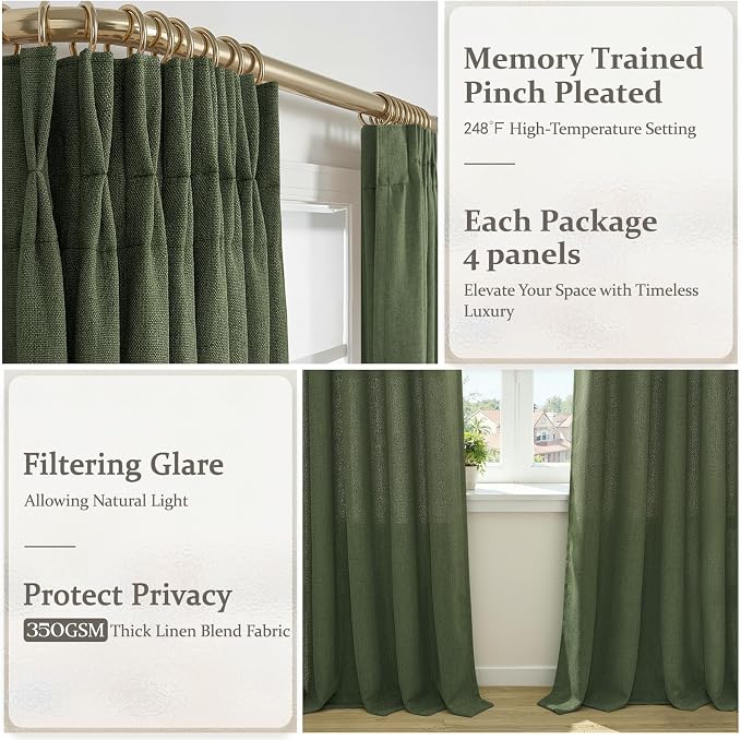 Extra Long 108 Inch Pinch Pleated Sheer Large Curtains for Living Room, Dark Green Memory Shape Natural Linen Light Filtering Privacy Luxury Windows Curtain & Drapes 4 Panels Set with Hook Ring Loden
