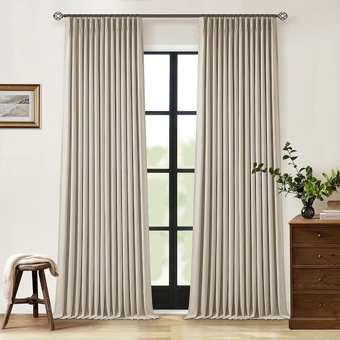 Burlywood Birch 100% Blackout Pinch Pleated Linen Curtains 92 Inches Long | Insulated Thermal Heat Reducing, Memory Shape, for Bedroom Living Room, Taupe Pleated Curtains with Hooks Rings, 2 Panels
