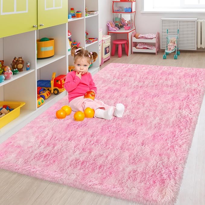 Fluffy Pink Rugs for Bedroom Girls, 5x8 Soft Fuzzy Area Rug Shag Carpet for Kids Room Playroom Nursery Living Room Dorm, Washable Plush Shaggy Rug Play Mat for Kids Baby Boys Teen