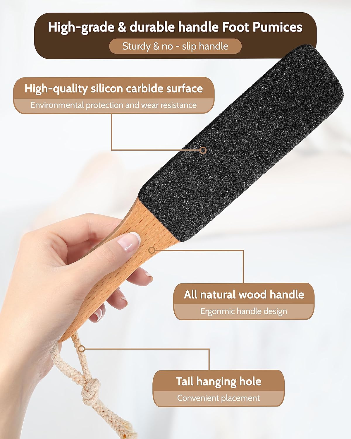 Pumice Stone Foot File, 4pcs Set Callus Remover for Feet with Wooden Handle, Pedicure Foot Scrubber to Remove Dead Skin, Dry, Rough, Corns Skin Scraper