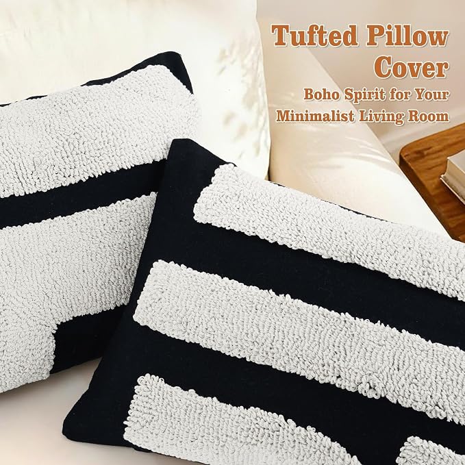 LandIdyll 4 Pcs Black and Cream Chunky Tufted Pillow Covers 12 x 20 Inch Boho Black and White Throw Pillow Covers Set Decorative Modern Abstract Geometric Pillowcase for Living Room Bed Couch Sofa