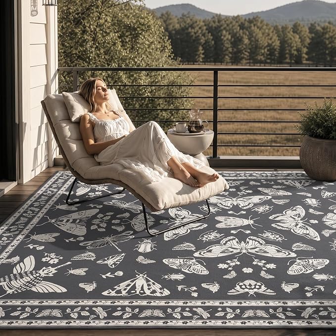 AMOAMI-Outdoor Rug-Patio Rug 5x8 ft Quick Dry Machine Washable Flatweave Textured Outdoor Carpet with Rubber Particles Backing Indoor Outdoor Rug for Patio Deck Front Porch Balcony Greyish Black