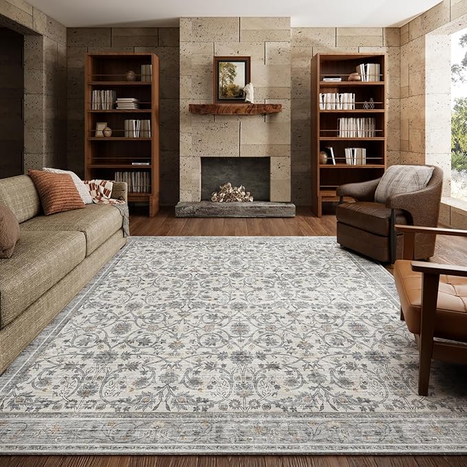 Washable Rugs for Living Room: 8x10 Area Rugs for Bedroom Ultra Soft Non-Slip Stain Resistant Vintage Boho Large Carpet for High-Traffic Dining Room - Farmhouse Decor
