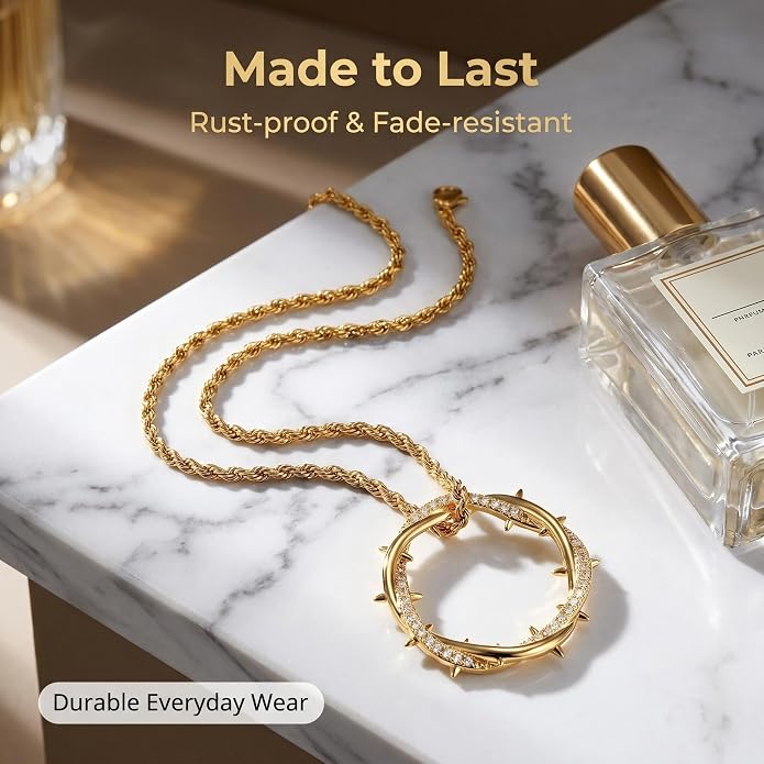 Men's Thorn Crown Necklace, 18K Gold & 925 Silver Plated Brass, 5A CZ Pendant, 24" Rope Chain, Retro Hip Hop Street Jewelry, Unisex Gift for Women